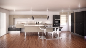 Cocina con mobiliario suspendido, isla y barra leta tonos marrones