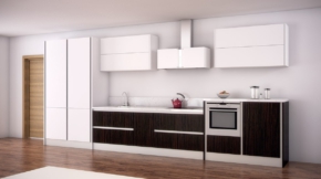 mobiliario blanco con madera oscura