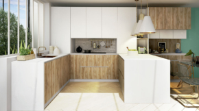 cocina con península en tonos claro