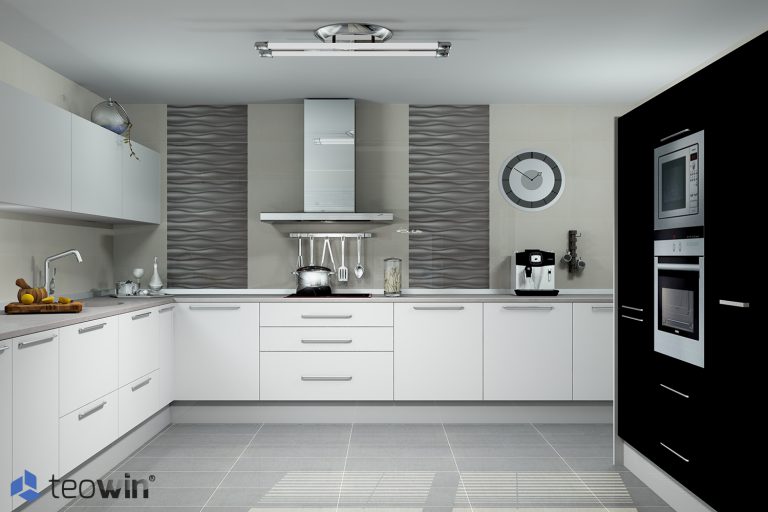Render de cocina moderna en tonos blancos, negros y grises hecho con Teowin
